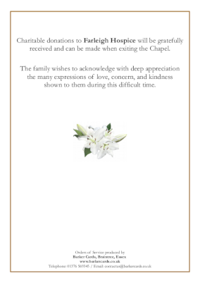 Funeral order of service booklet back page, elegant and simple design with lily flowers.