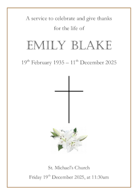 Funeral order of service booklets, order of service cards, Braintree, Essex, Designed printed and delivered. religious design incorporating a simple cross and lily flowers on the front page.