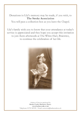 Funeral order of service booklet back page, elegant and simple design incorporating an image of you loved one and a coloured border.