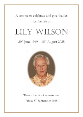 Funeral order of service booklet, elegant and simple design incorporating an image of you loved one and a coloured border.