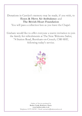 elegant and simple funeral order of service design incorporating a sweet pea flower on the Back page.