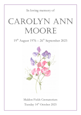 elegant and simple funeral order of service design incorporating a sweet pea flower on the front page.