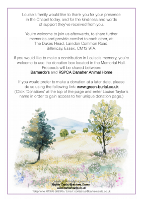 Funeral order of service booklet back page, incorporating a picture of your loved one and a watercolour image with trees flowers and hills.

