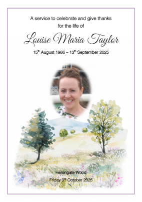 Funeral order of service booklets, order of service cards, Braintree, Essex, Designed printed and delivered. Water colour scene scape incorporating a picture of your loved one and a watercolour image with trees flowers and hills on the front page. 