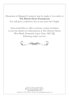 Funeral order of service booklet back page, elegant and simple design.