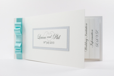 Cheque book wedding and evening invitations with Tiffany blue ribbon