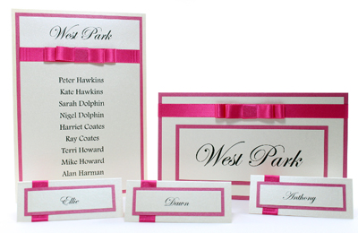 complete wedding venue stationery package in shocking pink and cream