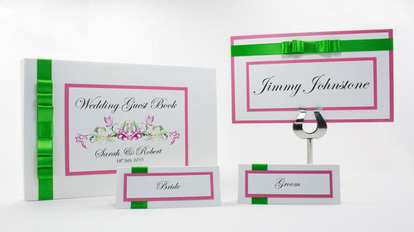 Wedding table names, place cards and guest book in english country garden pink and green theme
