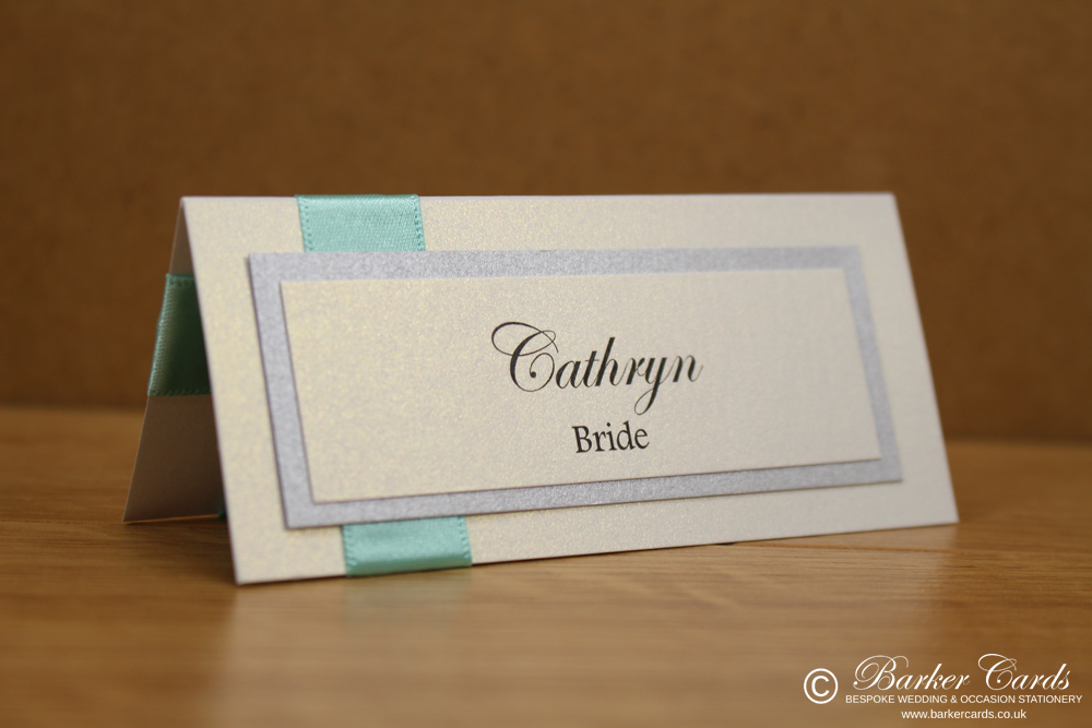Wedding Place Cards Aquamarine, Silver and White

