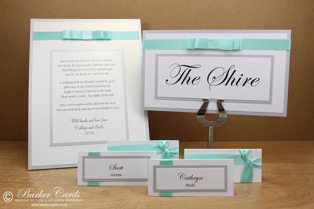 Wedding Place Cards Mint, Silver and White

