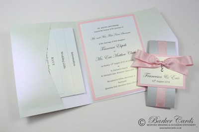 Pink and silver Pocketfold wedding invitations with Swarovski crystals