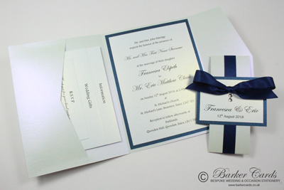 Dark navy blue and white Pocket fold wedding invitations with Swarovski crystals