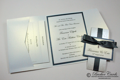 Dark grey and pearlised white butterfly Pocketfold wedding invitations and wedding stationery