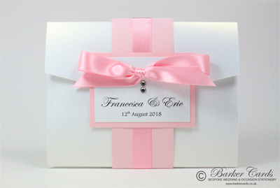Pale pink bespoke pocketfold wedding invitations  with Swarovski crystals