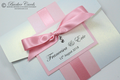 Blush pink handmade pocketfold wedding invitations  with Swarovski crystals