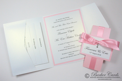 Rose pink handmade pocketfold wedding invitations  with Swarovski crystals