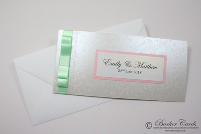 Baby pink and mint green cheque book wedding invitation with butterfly card
