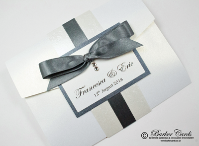 Smoked grey and white Pocketfold wedding invitations with butterflies
