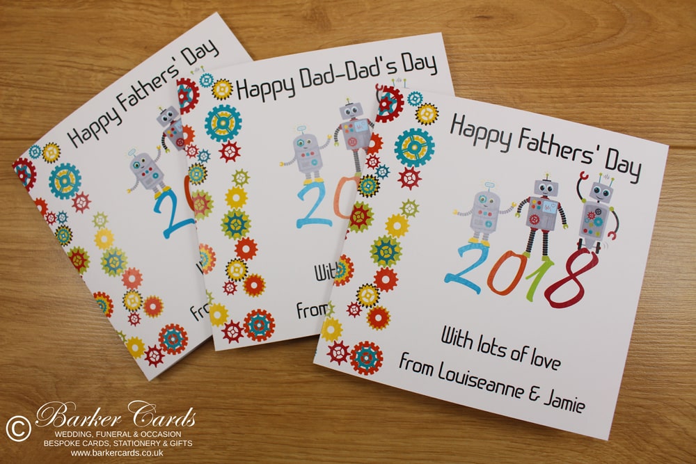Colourful robot themed personalised fathers' day cards