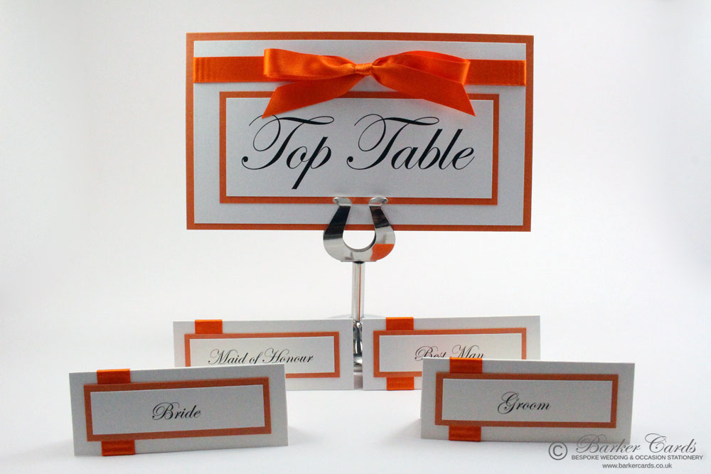Wedding Table Place Cards -Bright Orange and White.