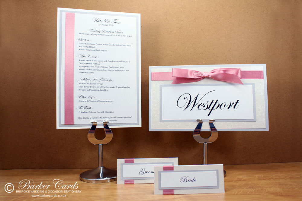 Dusky Pink, Silver and White Embossed with Butterflies matching wedding venue stationery

