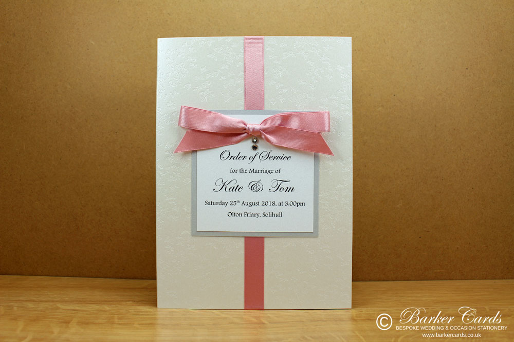 Wedding Orders of Service  Dusky Pink and Silver with white embossed with butterflies