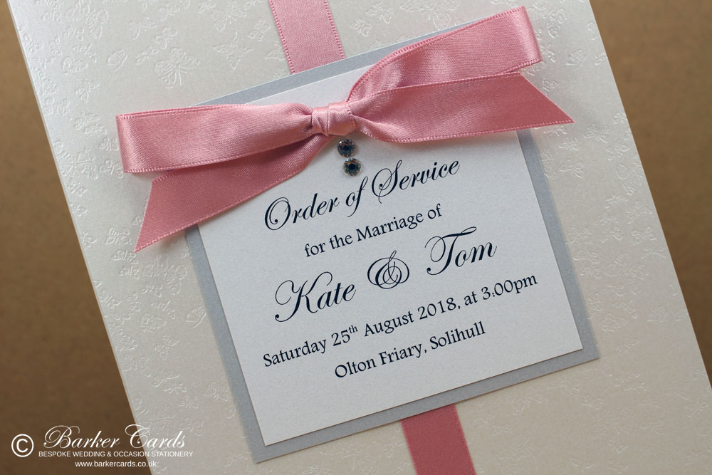 Wedding Orders of Service  Dusky Pink and Grey with white embossed with butterflies