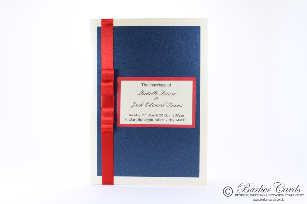 Wedding Orders of Service
 Enchanting Collection Dark Navy Blue and Ivory / Cream
 with Bright Red Ribbon