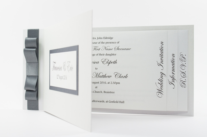 Silver and white cheque book wedding invitations