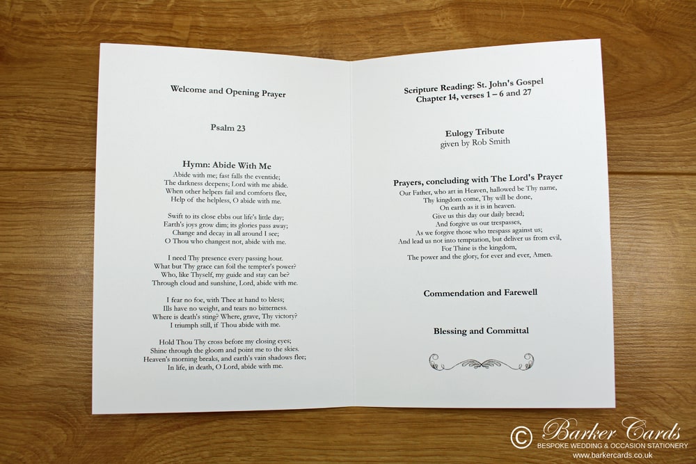 Printed funeral order of service example of inside content
