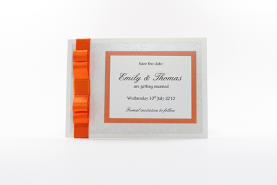 Wedding Save the Date Card
 Enchanting Collection Bright Orange and White Embossed with Butterflies