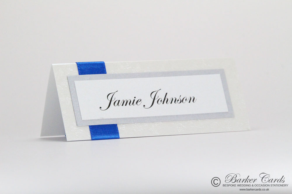 Wedding Place Cards Royal Blue and White Embossed with Butterflies