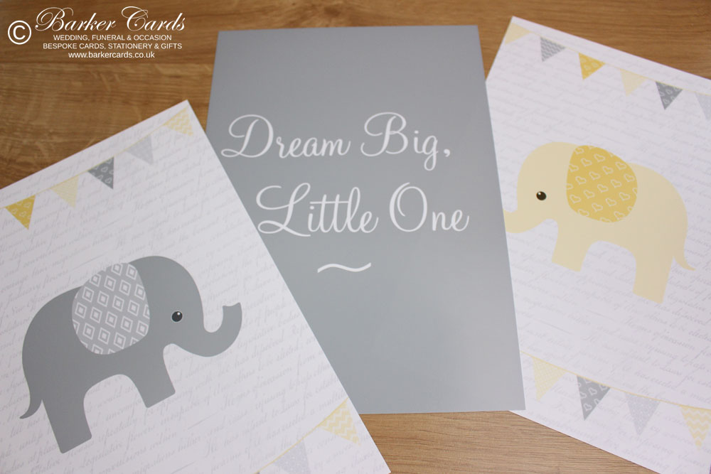 Yellow Elephant Wall Prints for Baby's Nursery, Kids or Children's Bedrooms. New Baby Gift