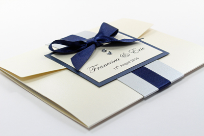navy, cream and silver pocketfold wedding invitation