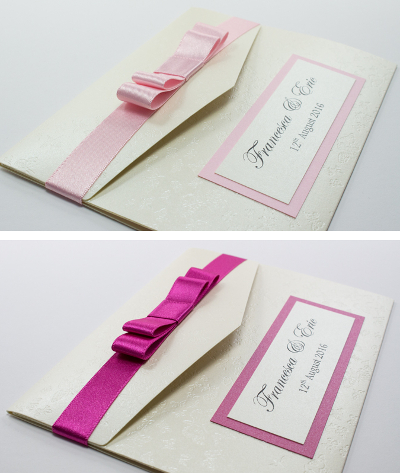 pale pink and shocking pink pocketfold wedding invitation with cream butterflies