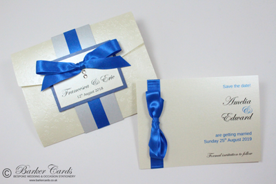 Wedding Save the Date Card Dark Royal / Cobalt Blue and Cream / Ivory