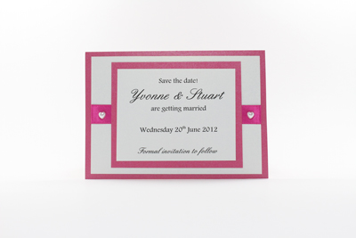 Wedding Save the Date Card
 Happy Heart Collection Hot Pink / Bright Pink / Shocking Pink / Fuchsia with White adorned with Pearl Hearts