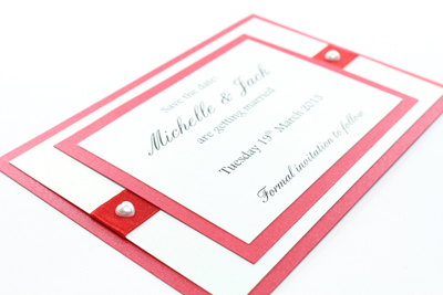 Wedding Save the Date Card
 Happy Heart Collection Bright Berry Red / Christmas Red with White adorned with Pearl Hearts