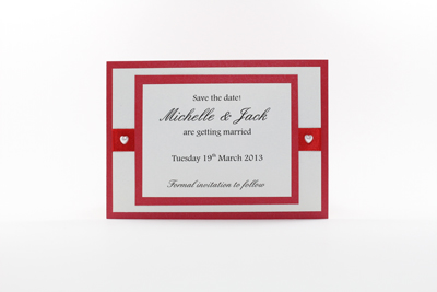 Wedding Save the Date Card
 Happy Heart Collection Bright Berry Red / Christmas Red with White adorned with Pearl Hearts