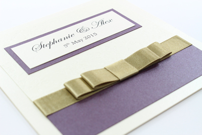 Serenity Wedding Invitation Cadbury Purple and Gold / Straw with Cream / Ivory Embossed with Butterflies