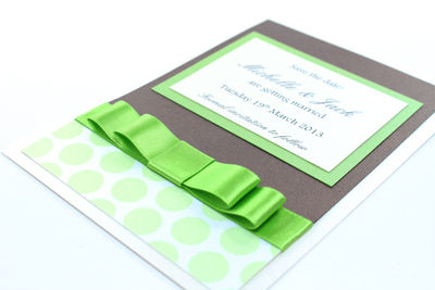 Wedding Save the Date Card
 Serenity Collection Lime Green Polka Dot and Dark Bronze Brown with Cream / Ivory