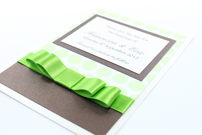 Wedding Save the Date Card
 Serenity Collection Lime Green Polka Dot and Hot Chocolate Brown with Cream / Ivory