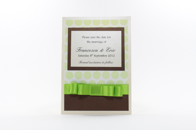 Wedding Save the Date Card
 Serenity Collection Lime Green Polka Dot and Hot Chocolate Brown with Cream / Ivory
