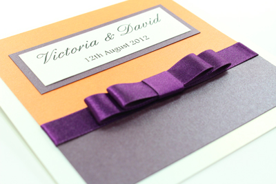 Serenity Wedding Invitation Dark Cadbury Purple and Bright Orange / Burnt Orange with White