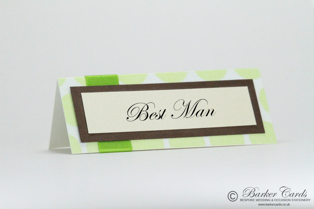 Wedding Place Cards Bright Lime Green Polka Dot and Dark Hot Chocolate Brown / Bronze