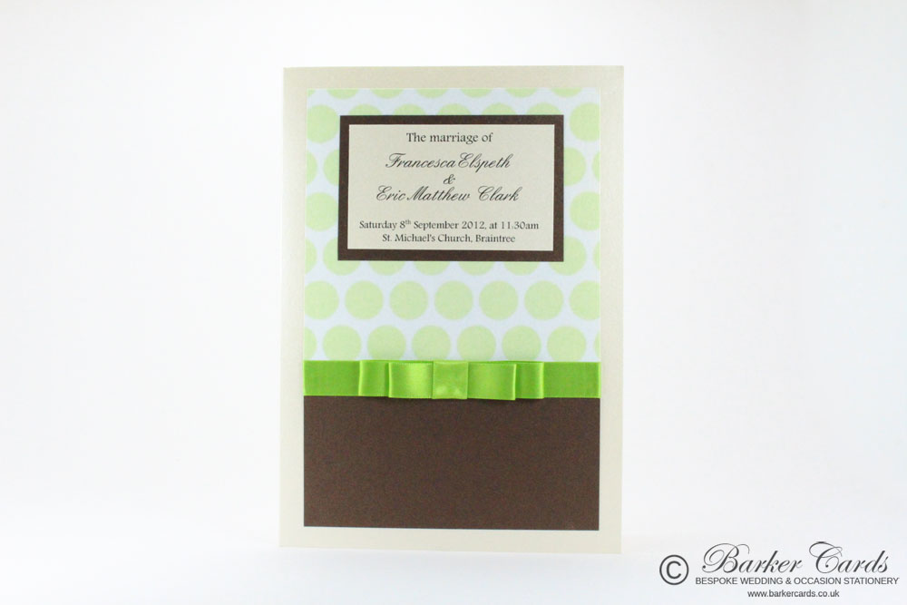 Wedding Orders of Service  Serenity Collection Green Polkadot, Hot Chocolate Brown / Bronze and Cream / Ivory 