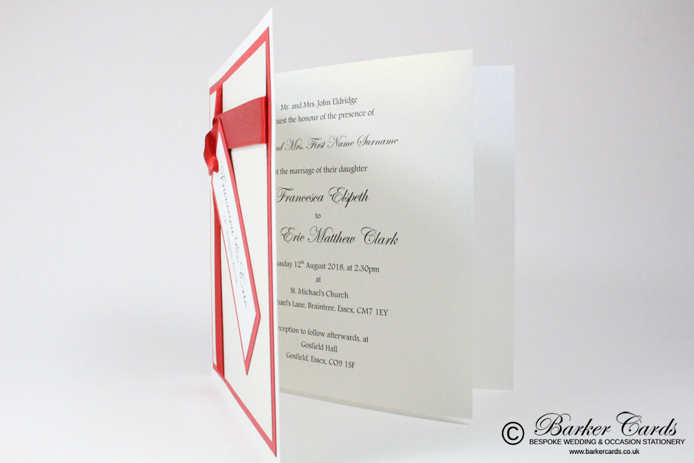 Wedding Invitation - Berry Red and White Embossed with Butterflies.