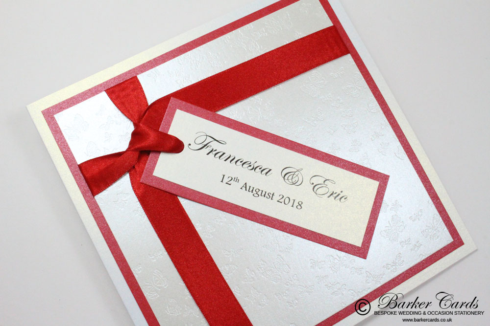 Wedding Invitation -Rose Red and White Embossed with Butterflies.