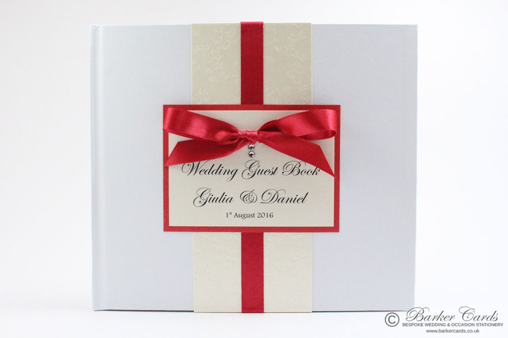 Wedding Guest Book Bright Red and Cream embossed with butterflies (available in all colours)