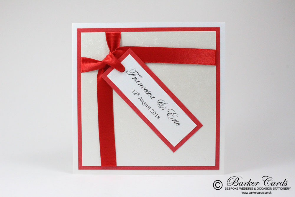 Wedding Invitation - Bright Christmas Red and White Embossed with Butterflies.